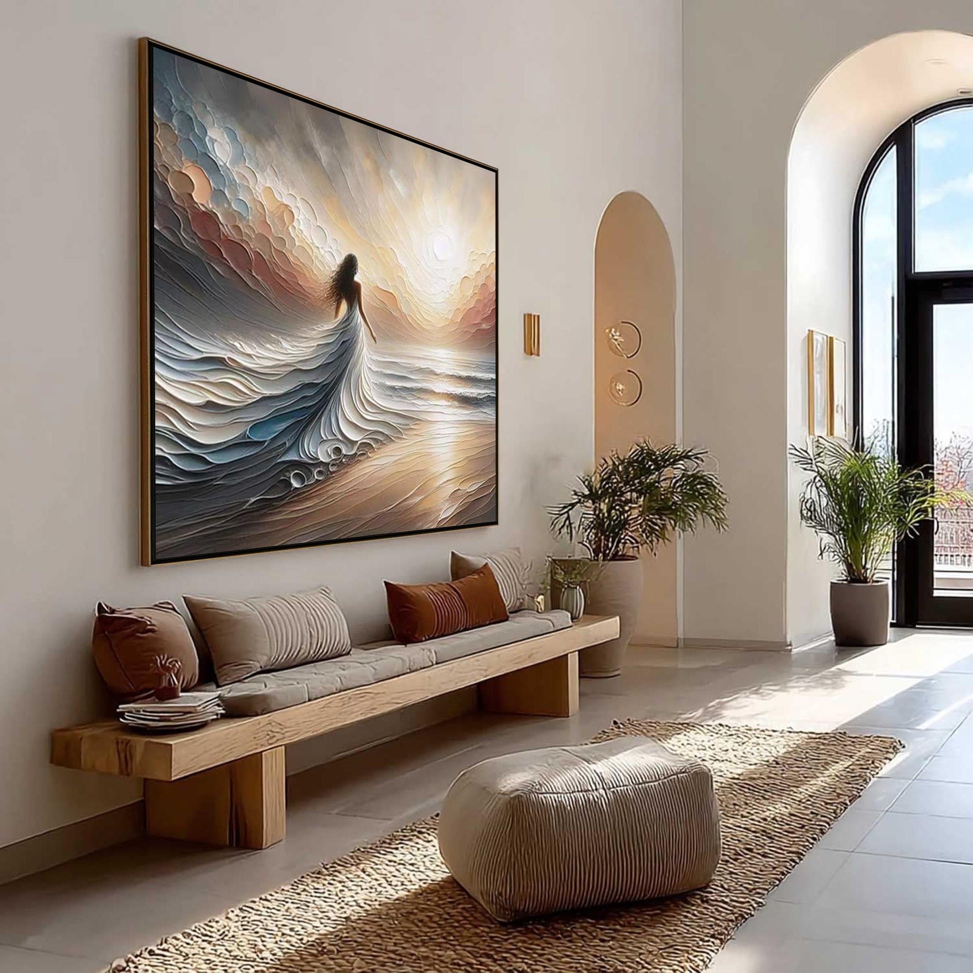 Textured Seascape Painting, Ethereal Woman on Beach, Large Impasto Art – Beach Seascape Wall Art | Impasto Painting, view 3
