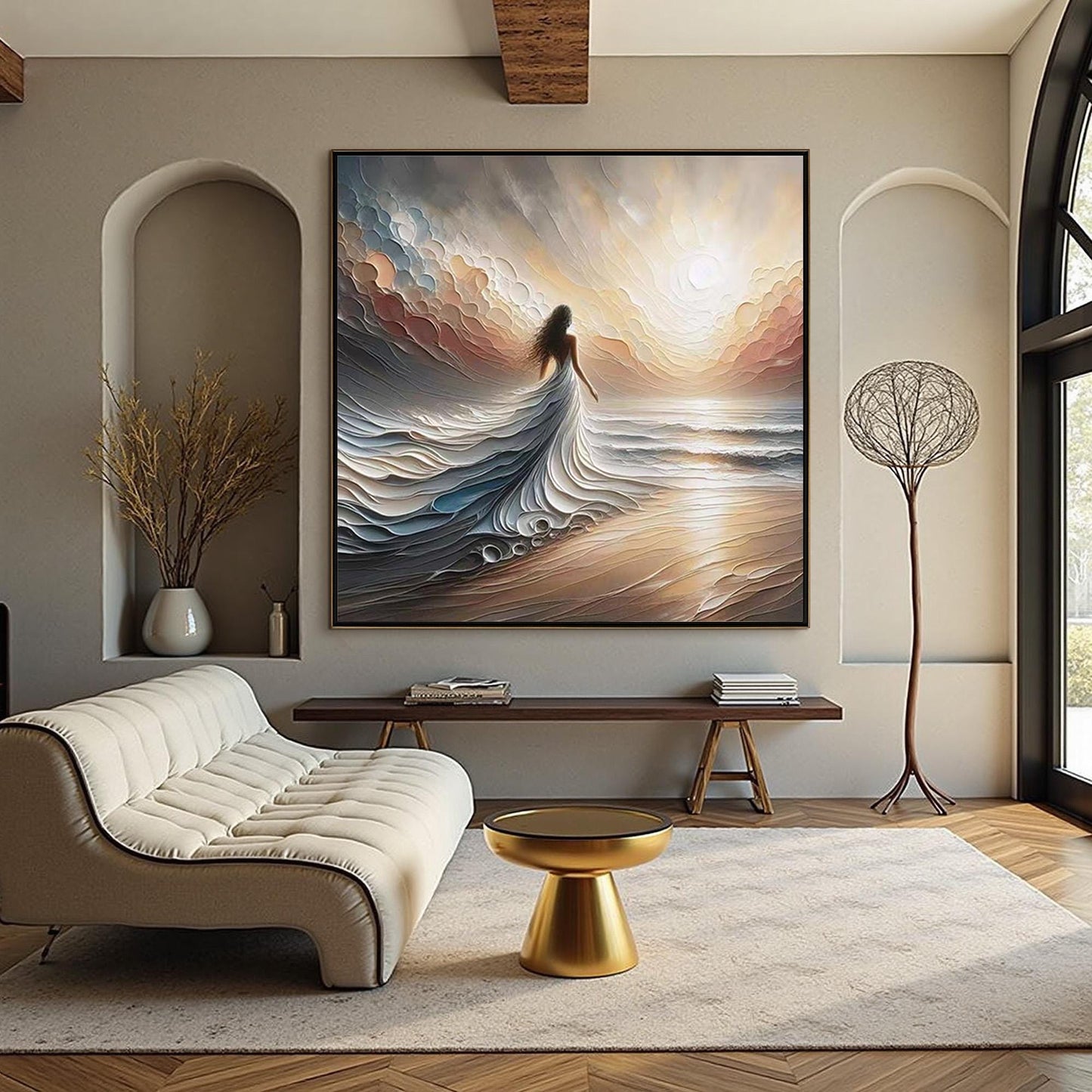 Textured Seascape Painting, Ethereal Woman on Beach, Large Impasto Art – Beach Seascape Wall Art | Impasto Painting, view 1