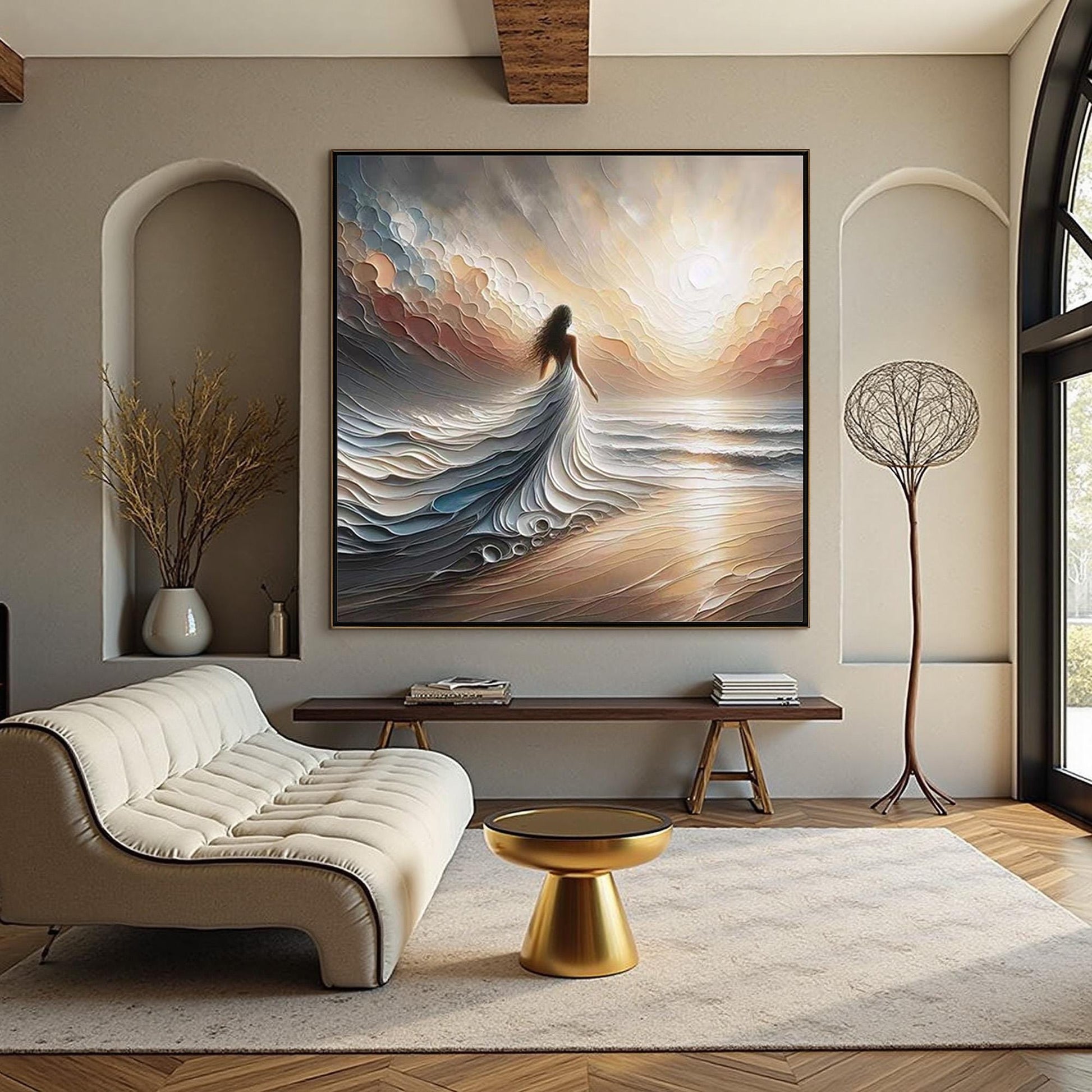 Textured Seascape Painting, Ethereal Woman on Beach, Large Impasto Art – Beach Seascape Wall Art | Impasto Painting, view 1