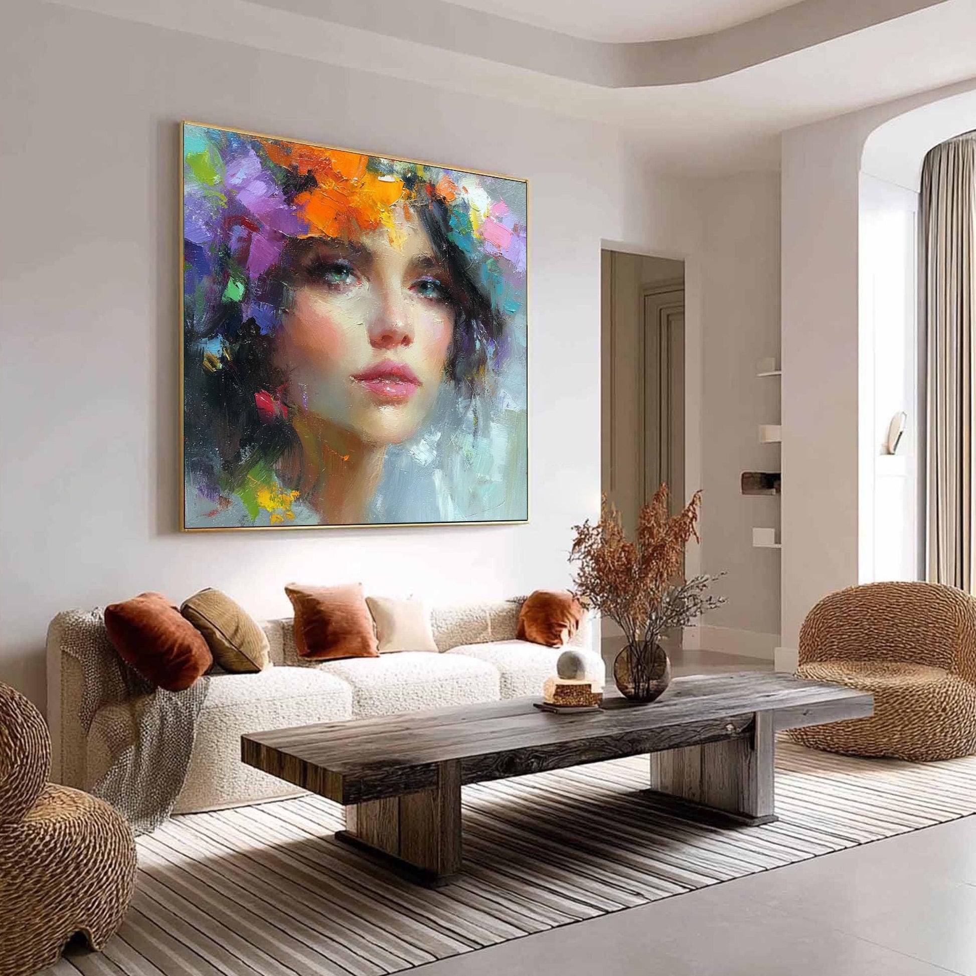 Abstract Woman Portrait Painting, Textured Palette Knife Face Art, Feminine Decor – Colorful Female Figure Portrait Wall Art 