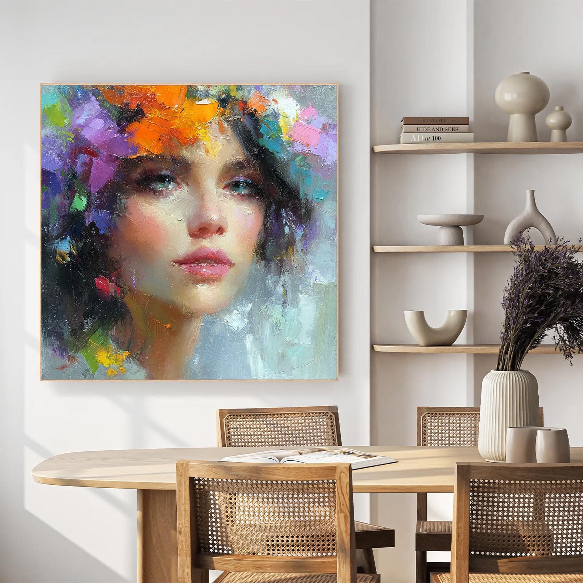 Abstract Woman Portrait Painting, Textured Palette Knife Face Art, Feminine Decor – Colorful Female Figure Portrait Wall Art 