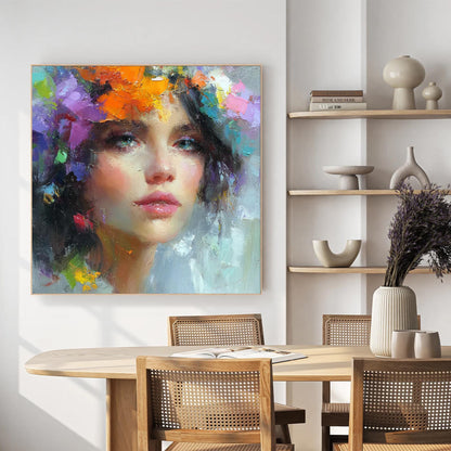 Abstract Woman Portrait Painting, Textured Palette Knife Face Art, Feminine Decor – Colorful Female Figure Portrait Wall Art 