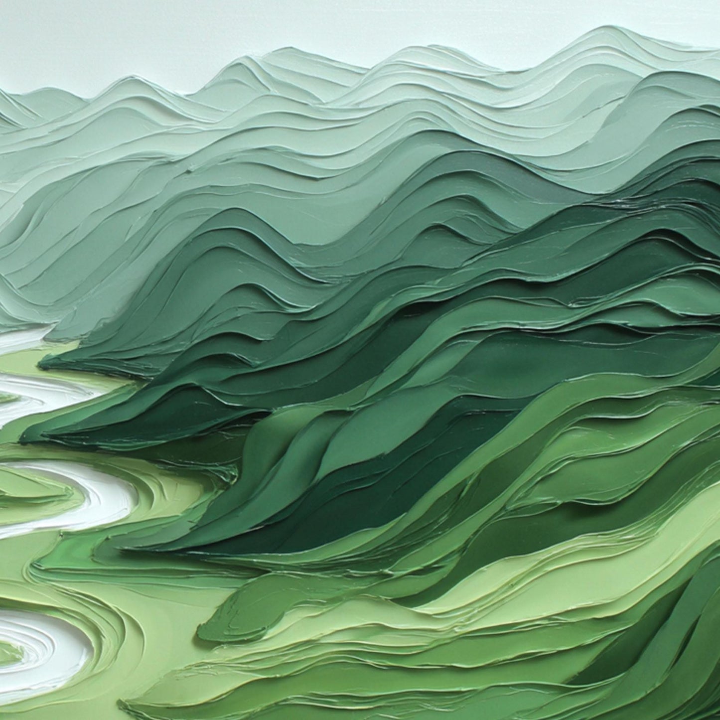 Textured Green Mountain River Landscape Painting, Minimalist Wall Art – Sage and Green River Landscape Wall Art | Minimalist 