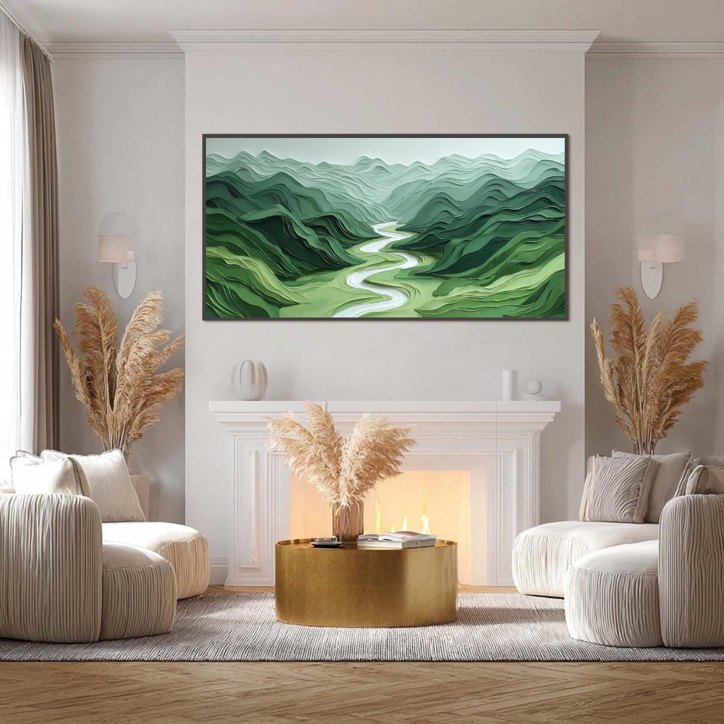 Sage and Green Minimalist Impasto River Landscape Wall Art
