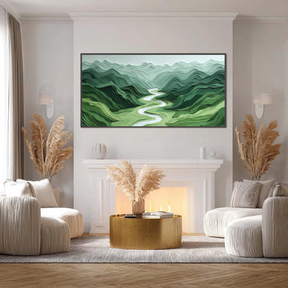 Sage and Green Minimalist Impasto River Landscape Wall Art