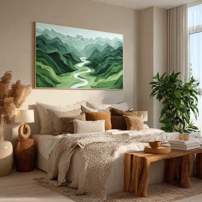 Textured Green Mountain River Landscape Painting, Minimalist Wall Art – Sage and Green River Landscape Wall Art | Minimalist 