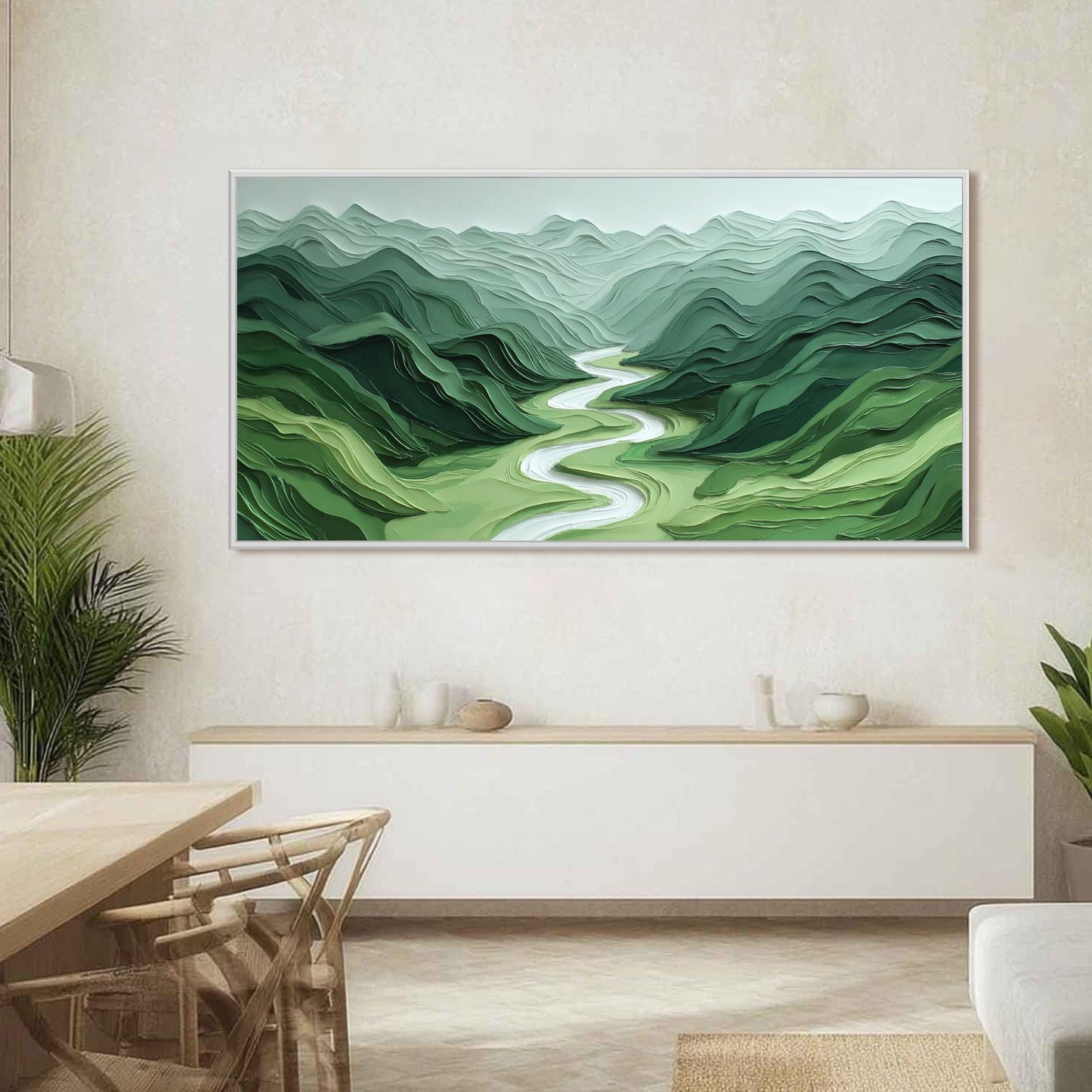 Textured Green Mountain River Landscape Painting, Minimalist Wall Art – Sage and Green River Landscape Wall Art | Minimalist 