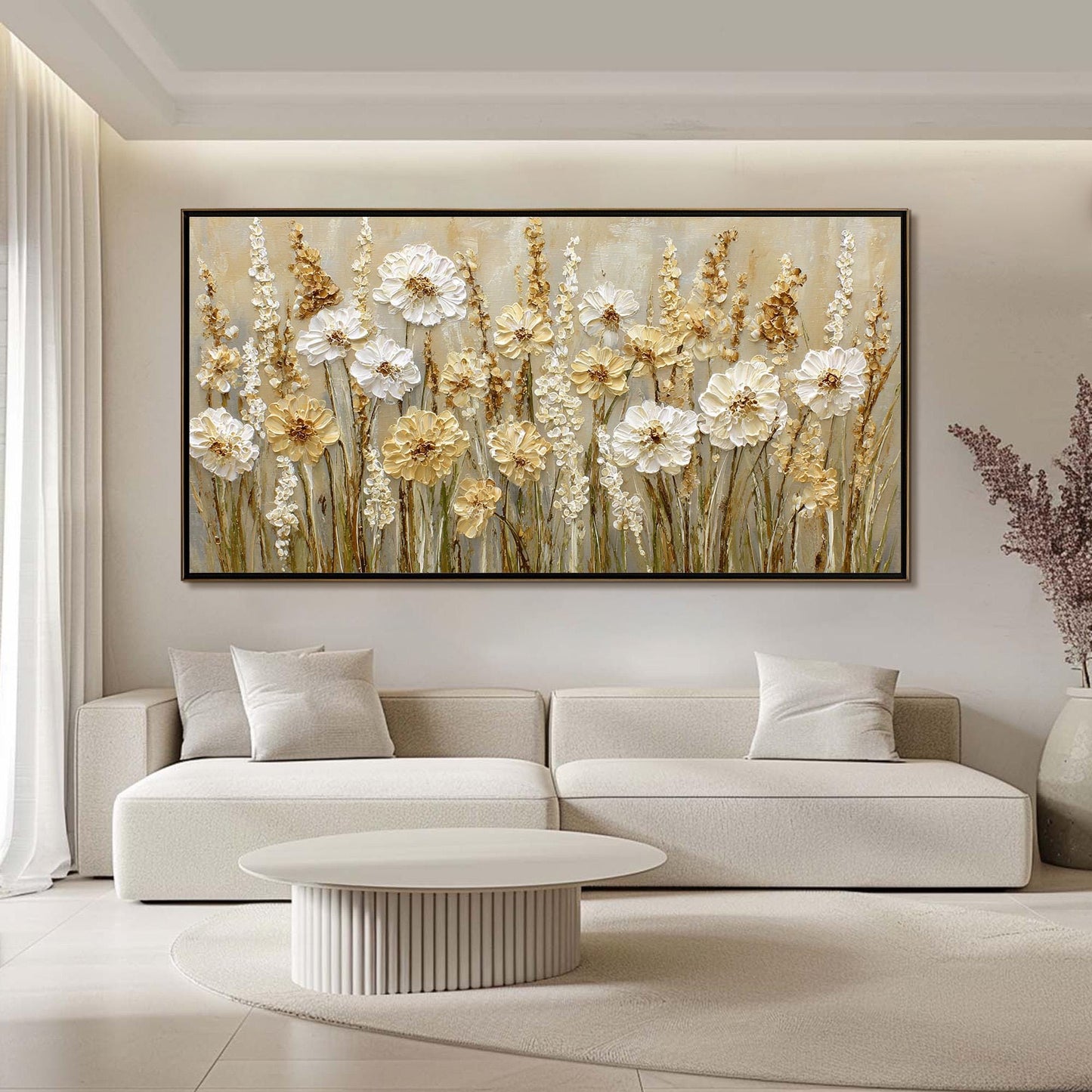 Textured White Flower Oil Painting – Neutral Floral Wall Art