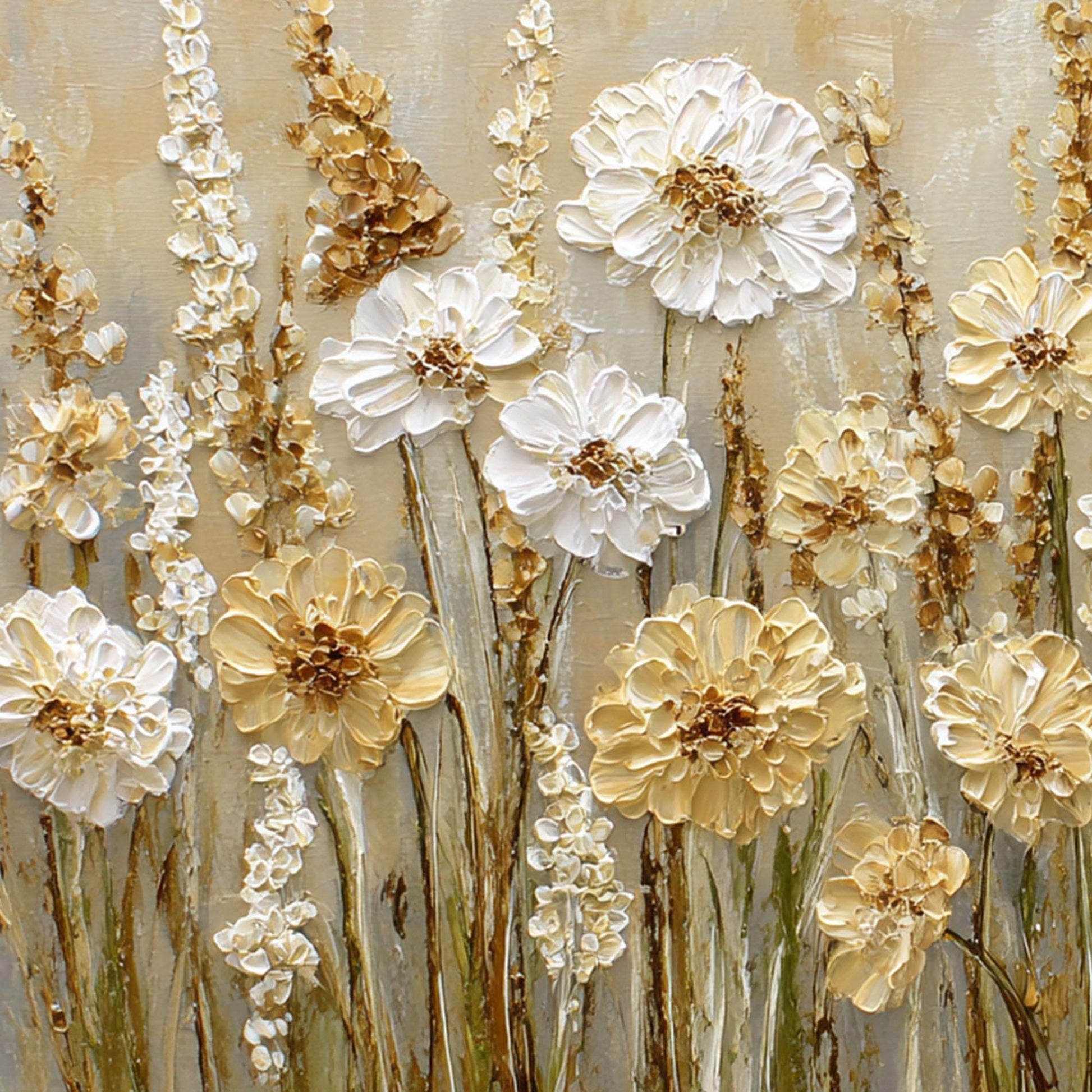Textured White Flower Oil Painting, Neutral Floral Wall Art, Boho Farmhouse Decor – Gold and White Floral Wall Art | Boho Imp
