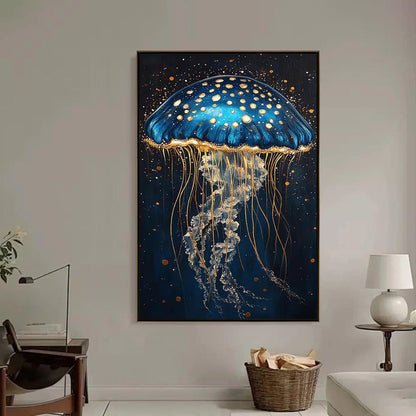 Navy and Gold Abstract Textured Jellyfish Ocean Wall Art Painting