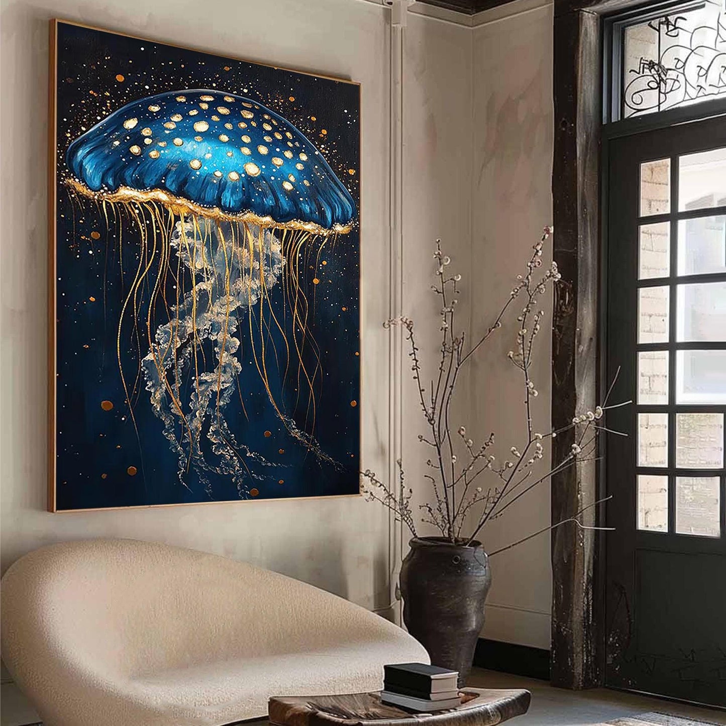 Blue Gold Jellyfish Painting – Navy and Gold Jellyfish Ocean Wall Art | Abstract Textured Hand-Painted Painting, view 2