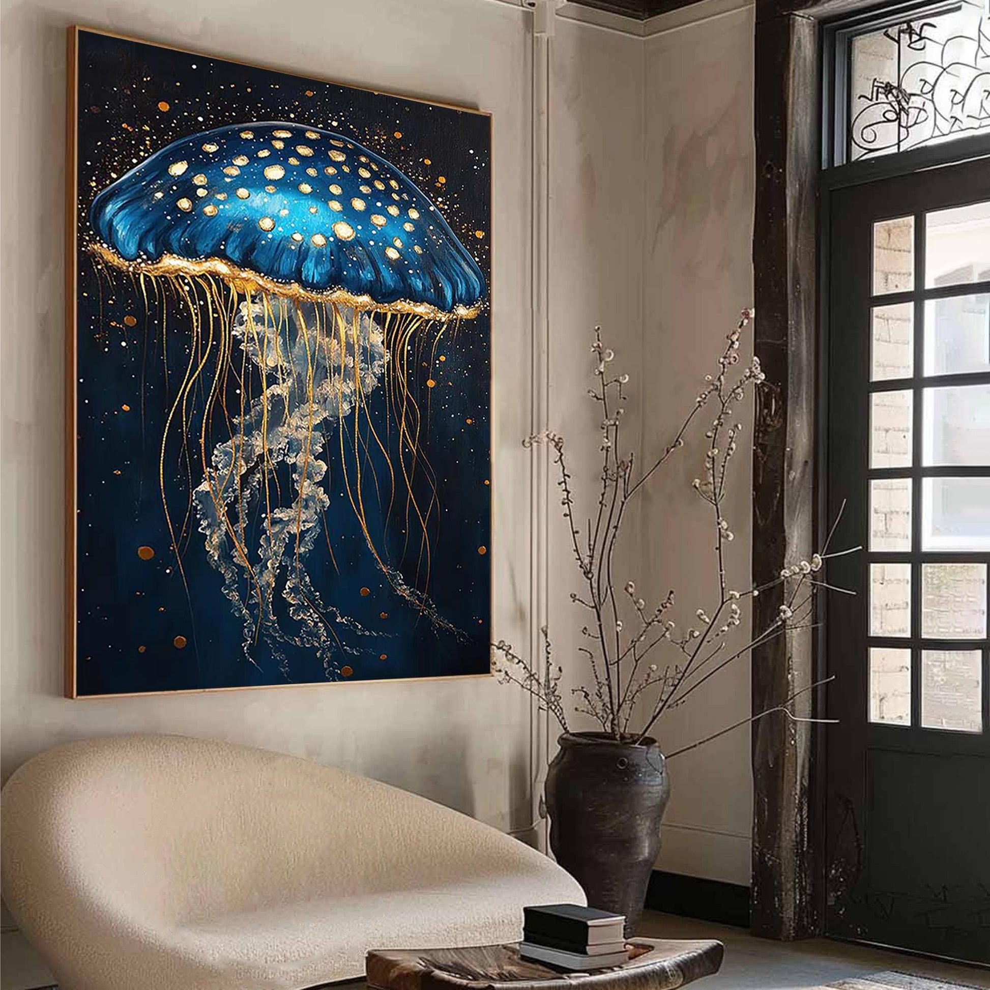 Blue Gold Jellyfish Painting – Navy and Gold Jellyfish Ocean Wall Art | Abstract Textured Hand-Painted Painting, view 2