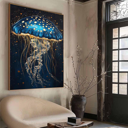 Blue Gold Jellyfish Painting – Navy and Gold Jellyfish Ocean Wall Art | Abstract Textured Hand-Painted Painting, view 2