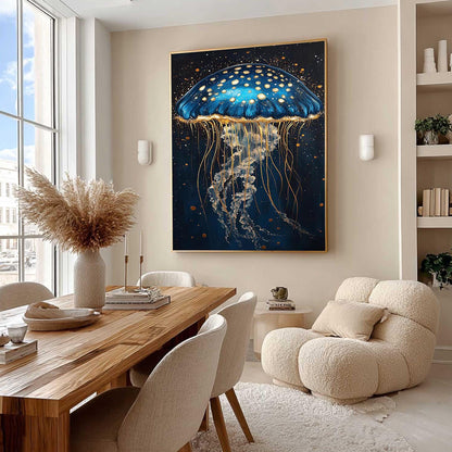 Blue Gold Jellyfish Painting – Navy and Gold Jellyfish Ocean Wall Art | Abstract Textured Hand-Painted Painting, view 3