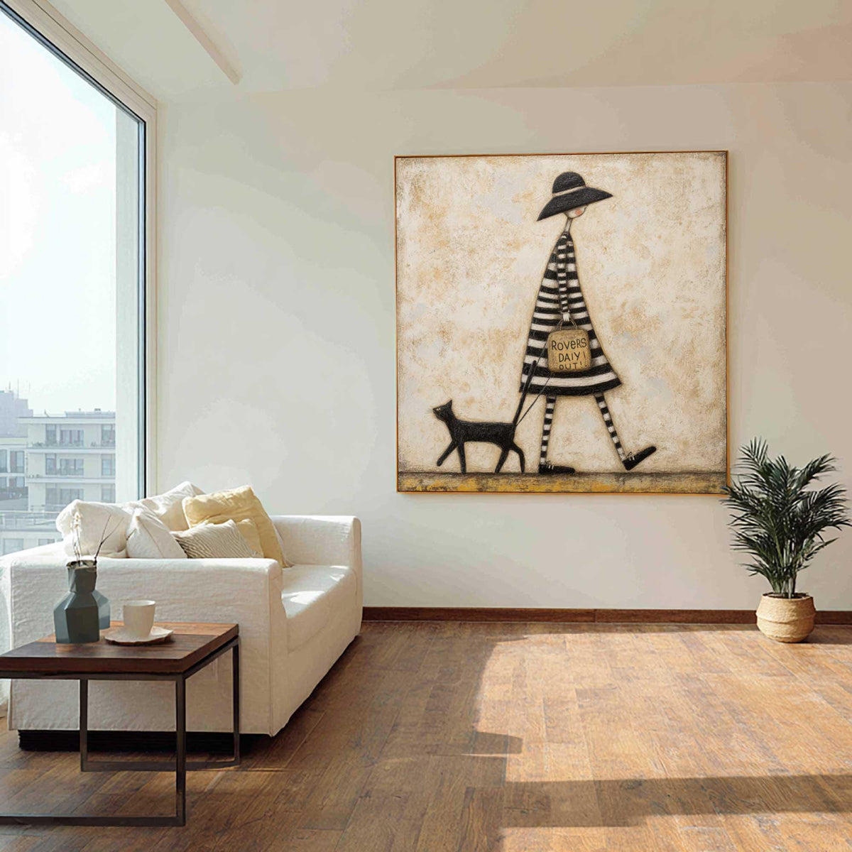 Woman Walking Cat Wall Art Vintage Black Hat Canvas Painting for Whimsical Bedroom Decor