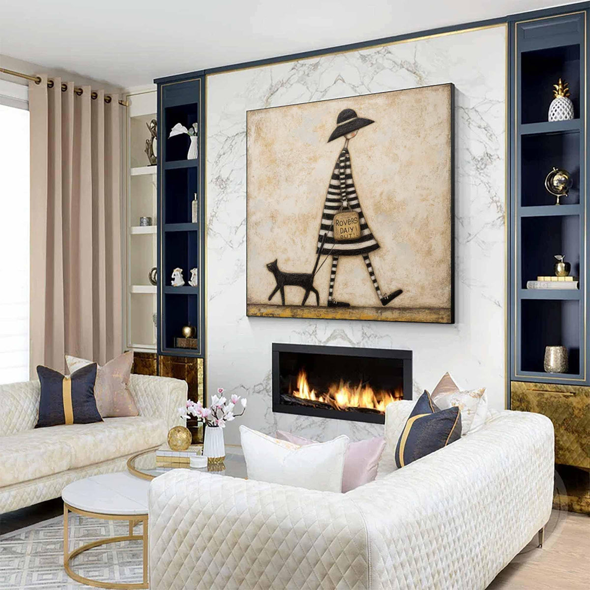 Woman Walking Cat Wall Art Vintage Black Hat Canvas Painting for Whimsical Bedroom Decor