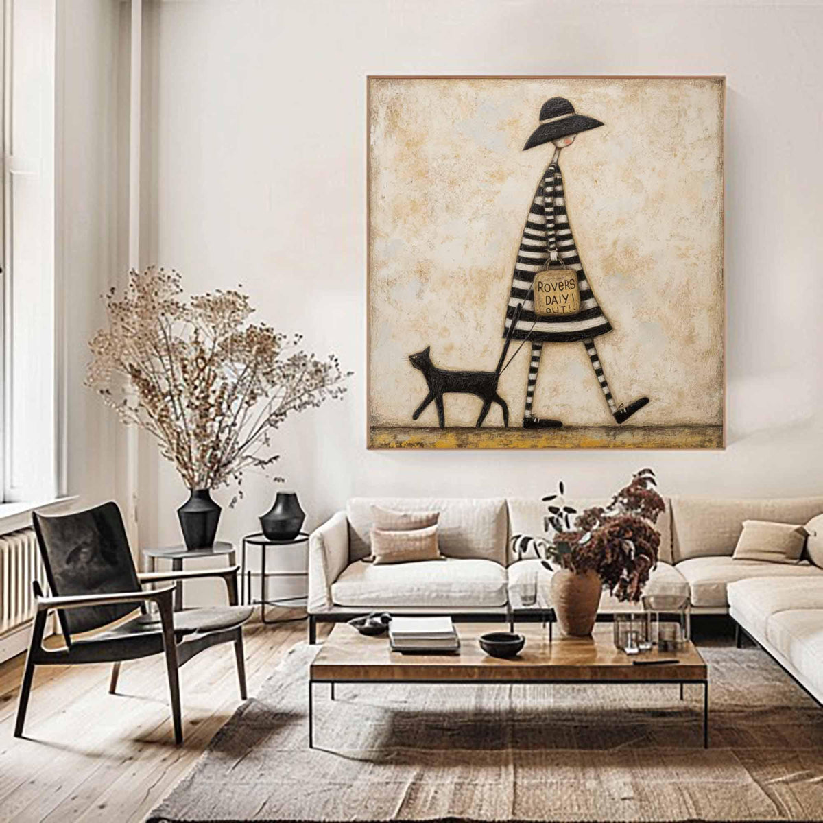 Woman Walking Cat Wall Art Vintage Black Hat Canvas Painting for Whimsical Bedroom Decor