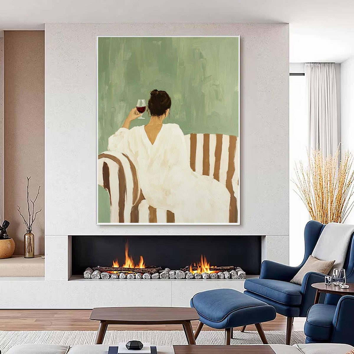 May include: An abstract painting depicts a person in a white dress seated on a striped sofa, holding a glass of red wine. The background is a muted green, creating a serene atmosphere. The artwork is framed and displayed above a fireplace.