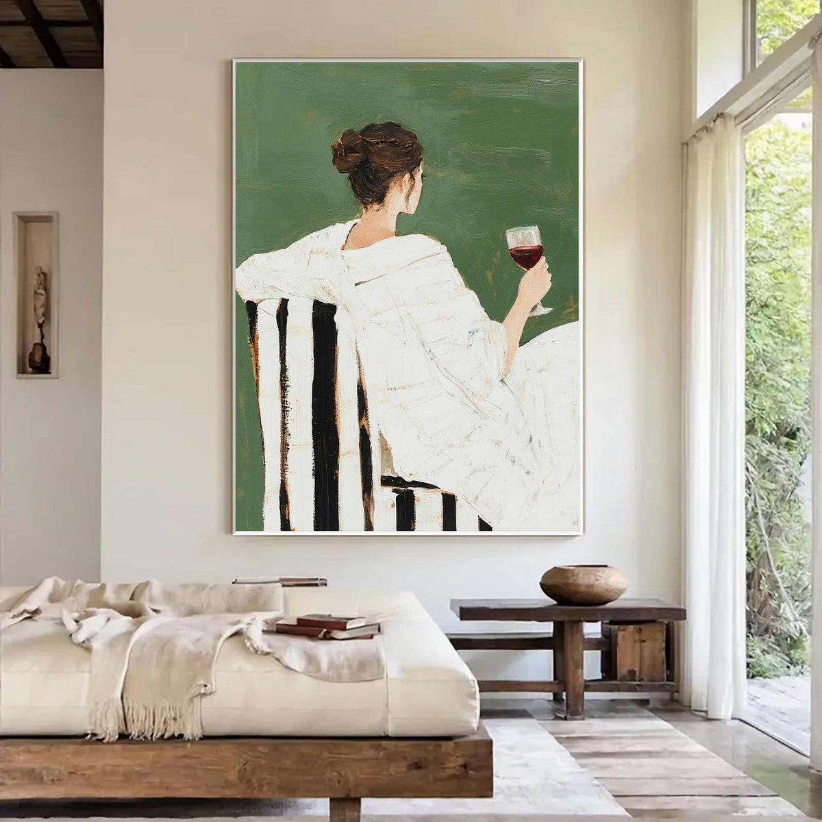 May include: An abstract painting of a person seated in a chair, holding a glass of red wine. The person is wearing a white robe, and the chair has black and white striped upholstery. The background is a solid green color.