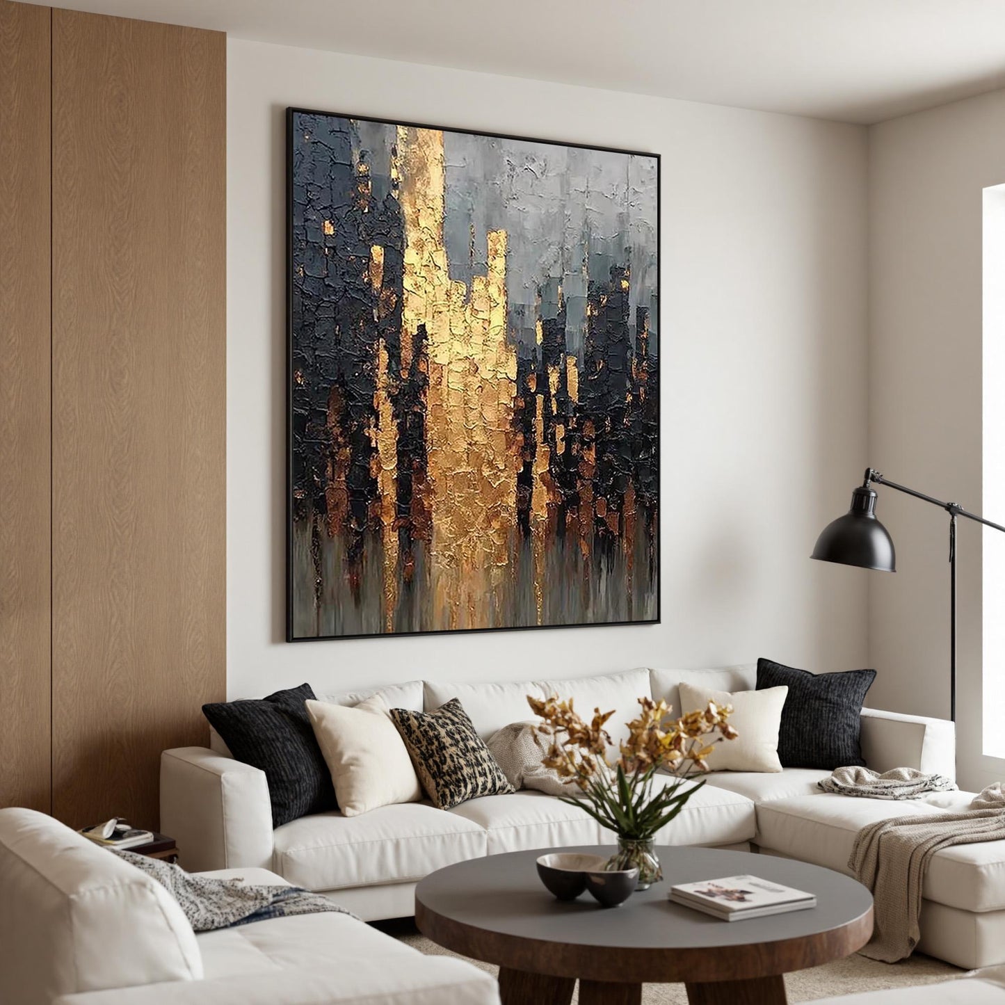 Textured Black Gold Abstract Painting, Luxury Impasto Canvas Wall Art – Gold and Grey Abstract Wall Art | Impasto Painting, v