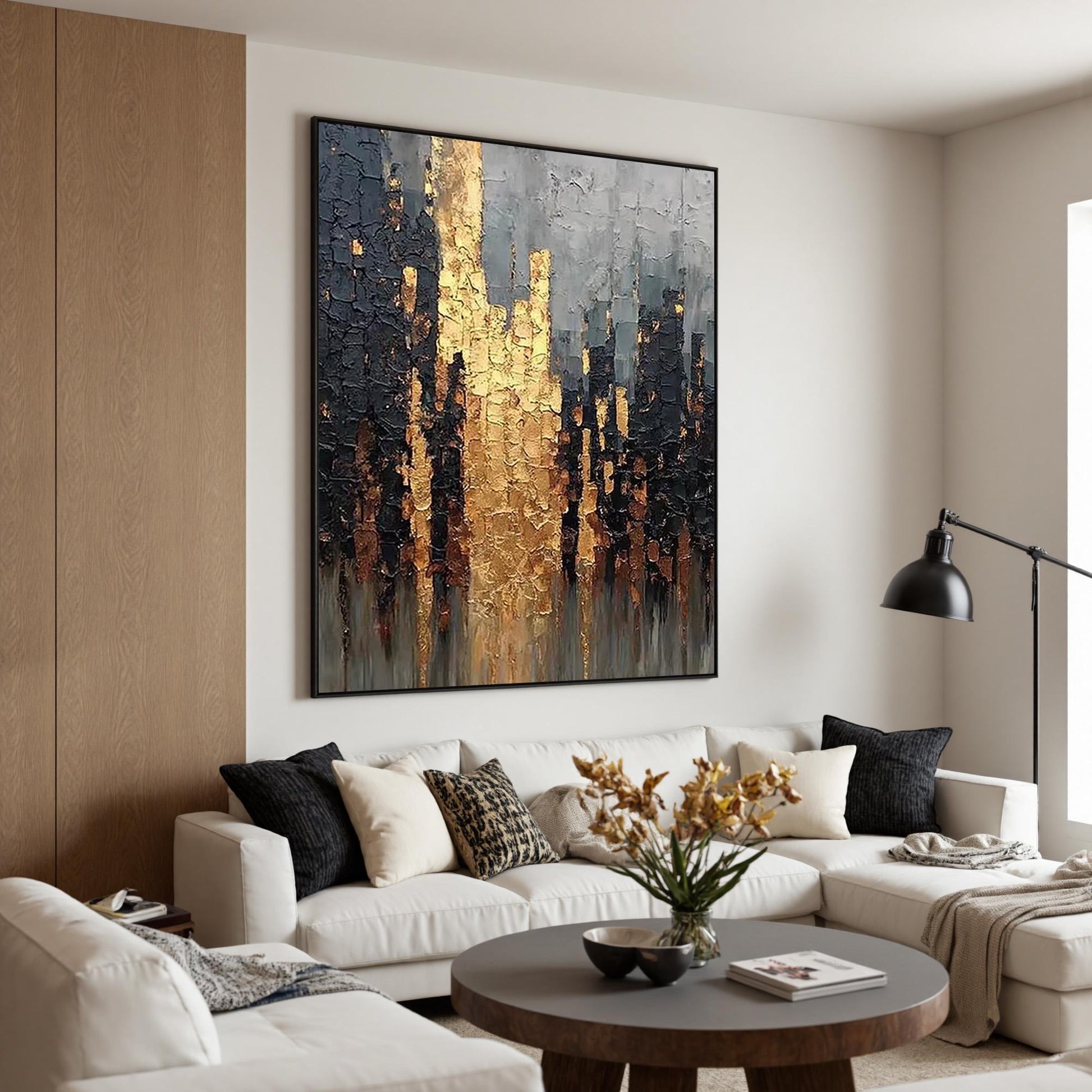Textured Black Gold Abstract Painting, Luxury Impasto Canvas Wall Art – Gold and Grey Abstract Wall Art | Impasto Painting, v
