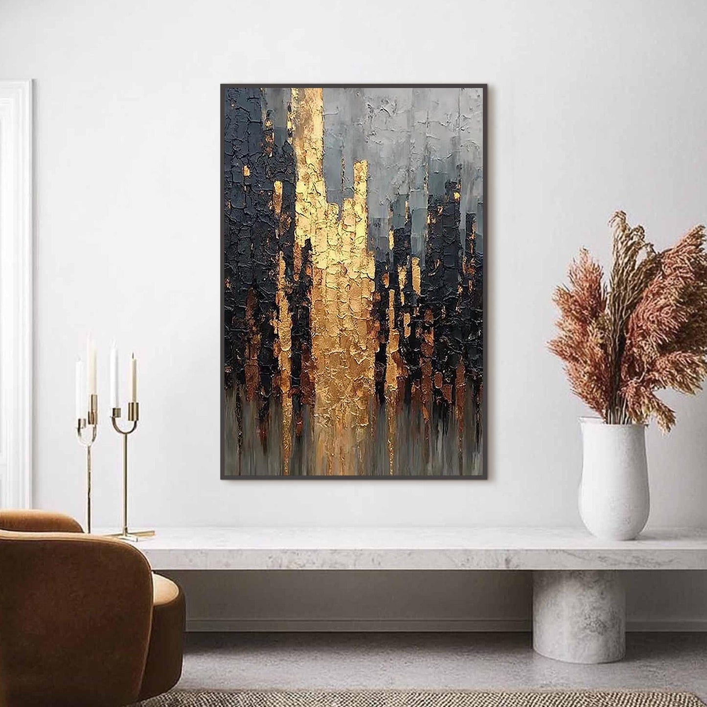 Textured Black Gold Abstract Painting, Luxury Impasto Canvas Wall Art – Gold and Grey Abstract Wall Art | Impasto Painting, v
