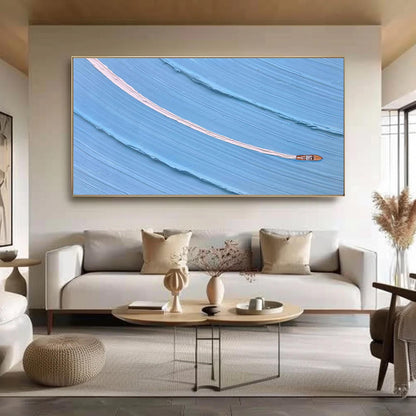 Textured Boat Painting, Minimalist Ocean Impasto Seascape, Coastal Canvas Art – Blue Ship Minimalist Wall Art | Impasto Paint