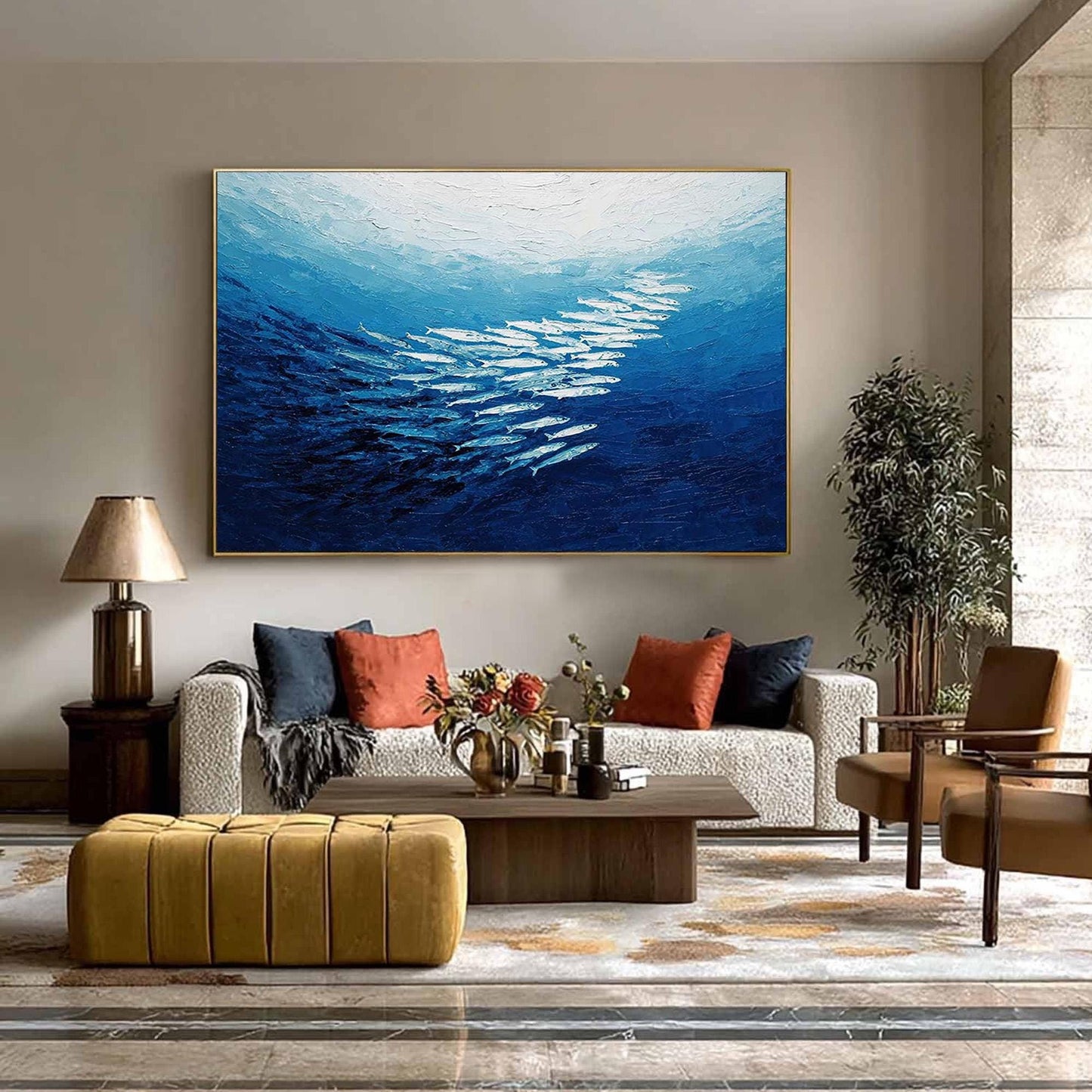 Blue Impasto School of Fish Ocean Wall Art – Textured Fish Painting