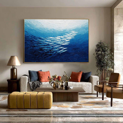 Blue Impasto School of Fish Ocean Wall Art – Textured Fish Painting
