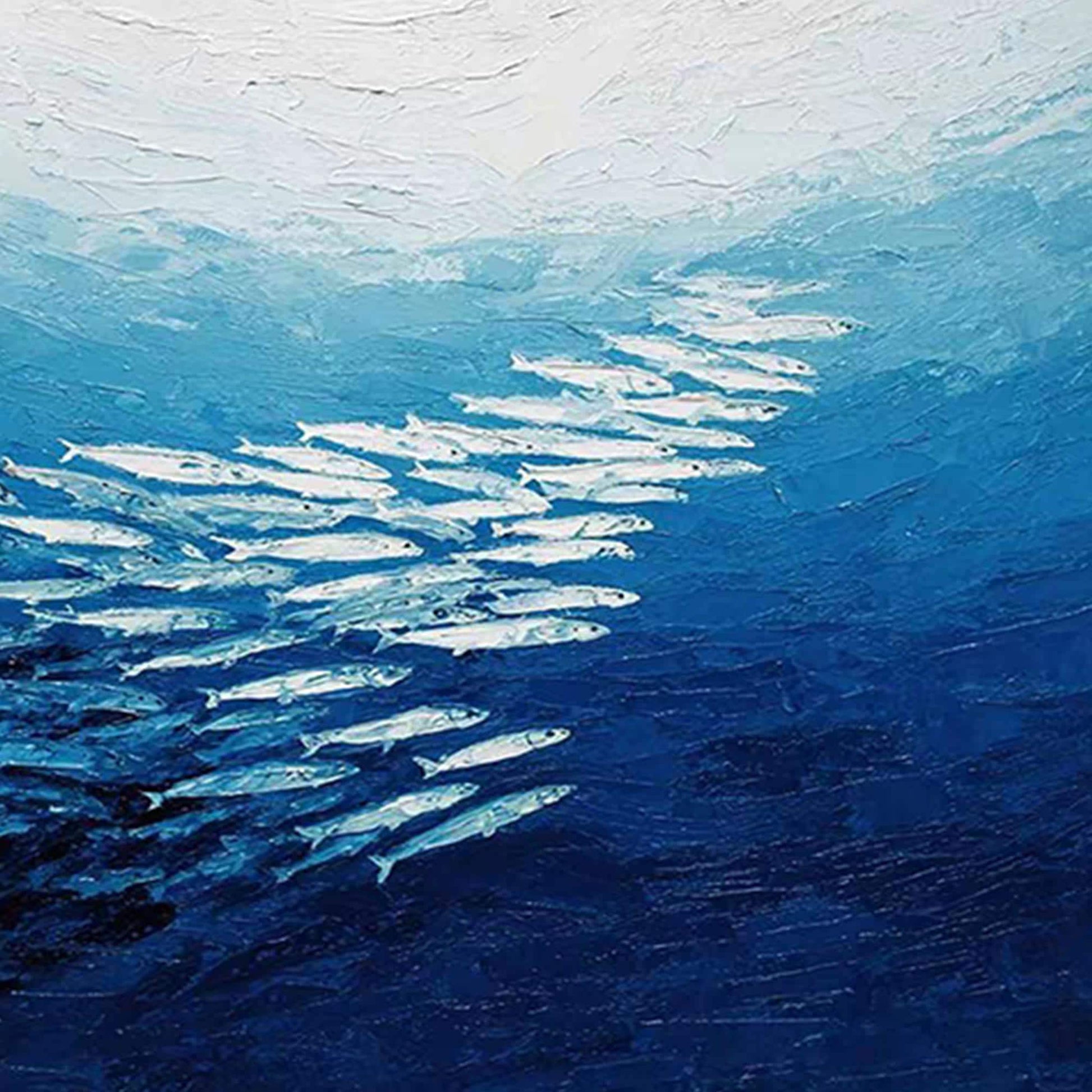 Textured Fish Painting, Blue Impasto Ocean Seascape, School of Fish Wall Art – Blue Underwater Ocean Wall Art | Impasto Paint