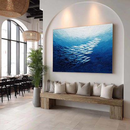 Textured Fish Painting, Blue Impasto Ocean Seascape, School of Fish Wall Art – Blue Underwater Ocean Wall Art | Impasto Paint