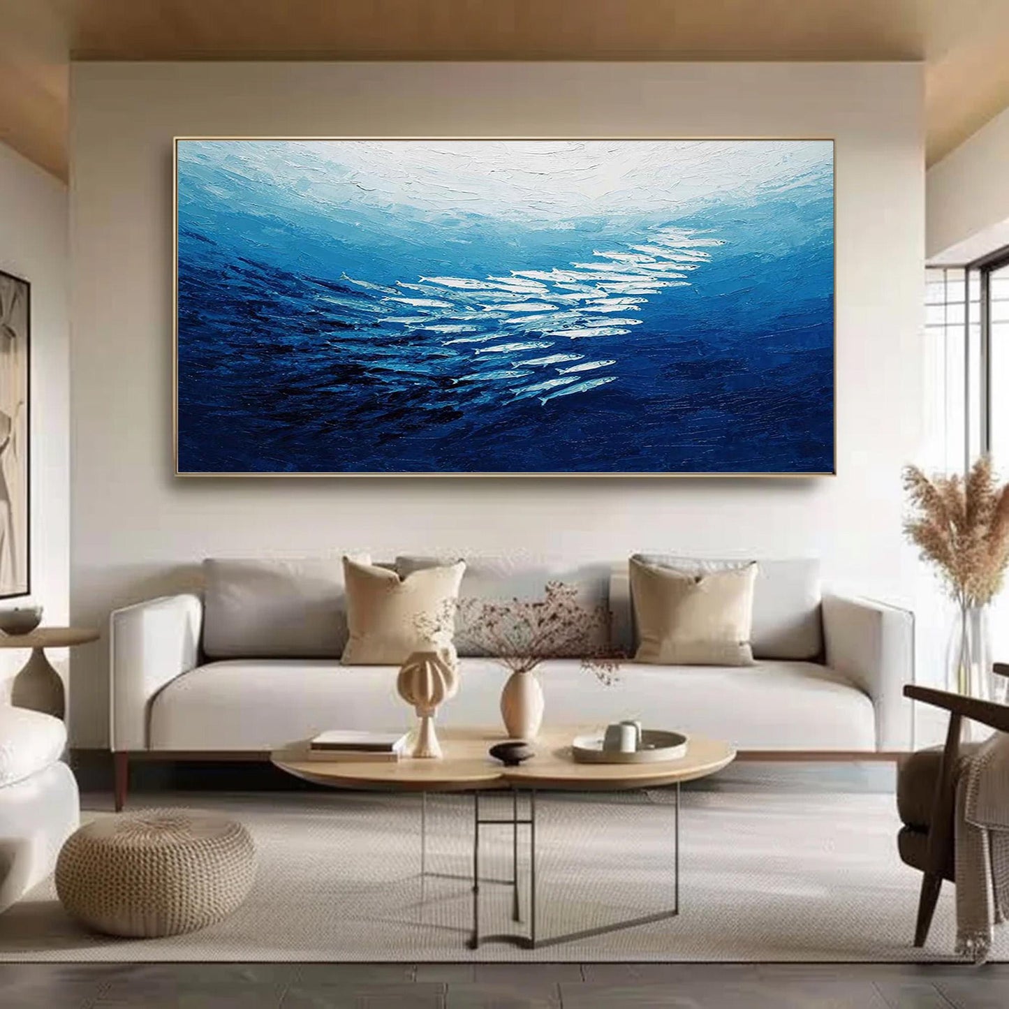 Blue Impasto School of Fish Ocean Wall Art – Textured Fish Painting