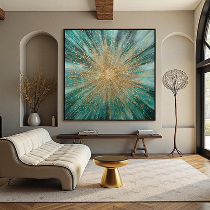 Teal and Gold Abstract Wall Art – Textured Starburst