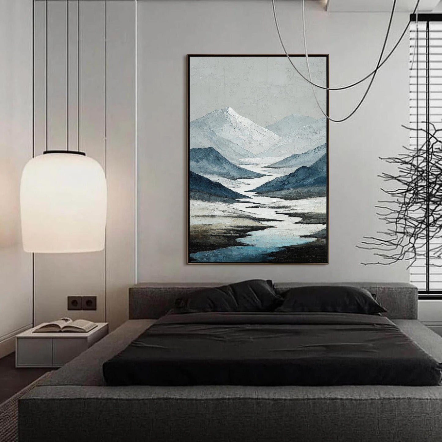 Blue and Grey Minimalist Impasto River Landscape Wall Art