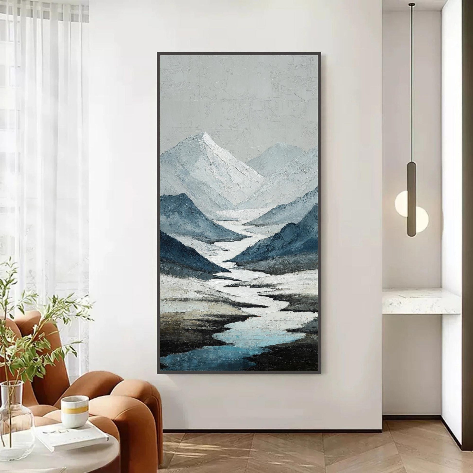 Textured Mountain Landscape Painting, Abstract Blue Grey Impasto Canvas Art – Blue and Grey River Landscape Wall Art | Minima