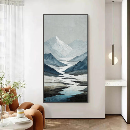 Textured Mountain Landscape Painting, Abstract Blue Grey Impasto Canvas Art – Blue and Grey River Landscape Wall Art | Minima