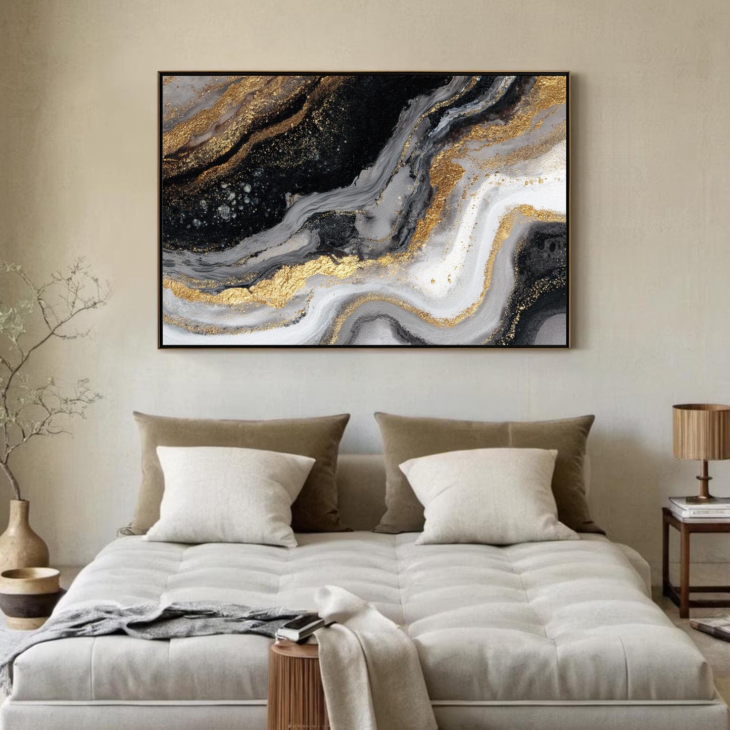 Textured Black Gold Abstract Oil Painting, Modern Fluid Art Canvas, Glam Wall Decor – Gold and Grey Fluid Abstract Wall Art |