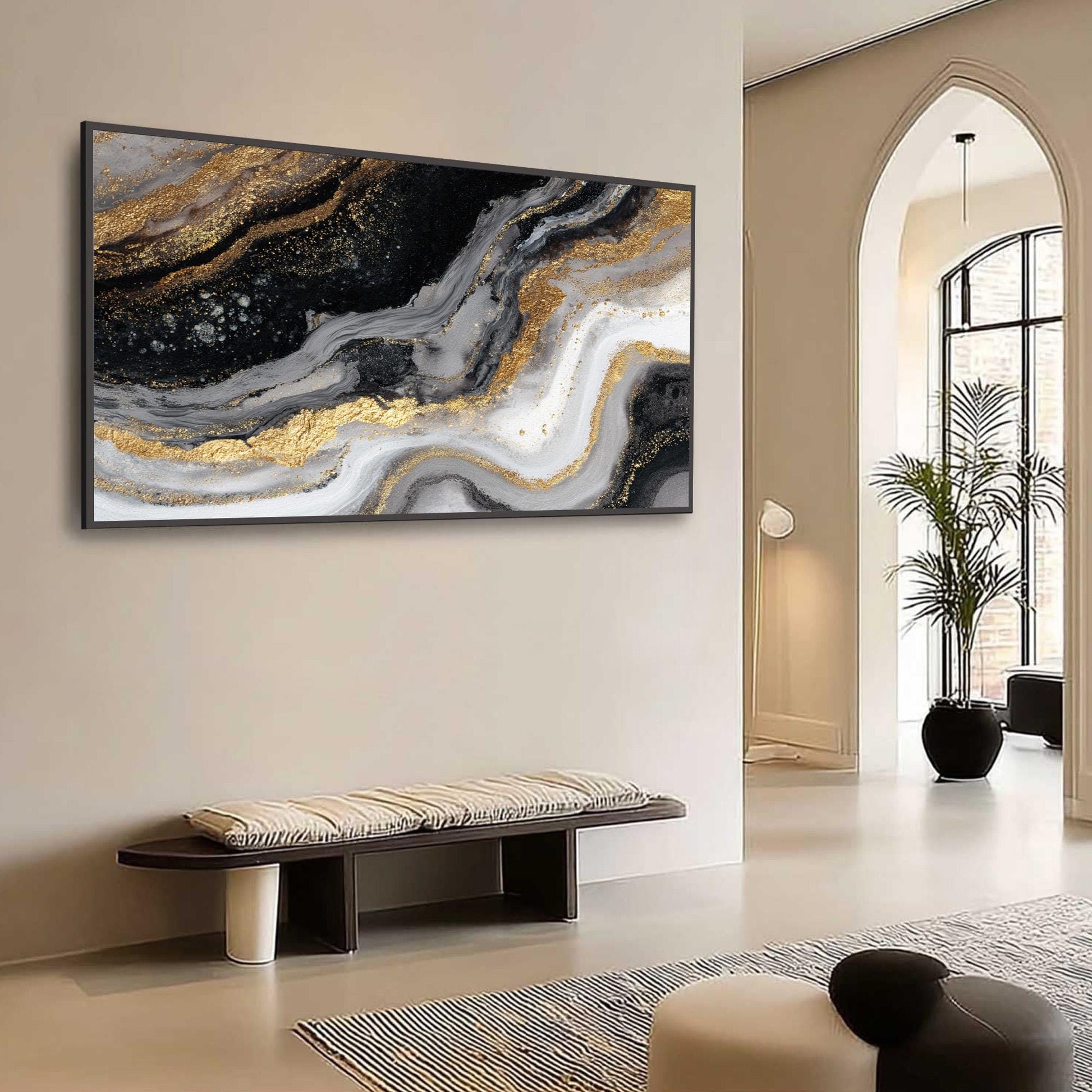 Textured Black Gold Abstract Oil Painting, Modern Fluid Art Canvas, Glam Wall Decor – Gold and Grey Fluid Abstract Wall Art |