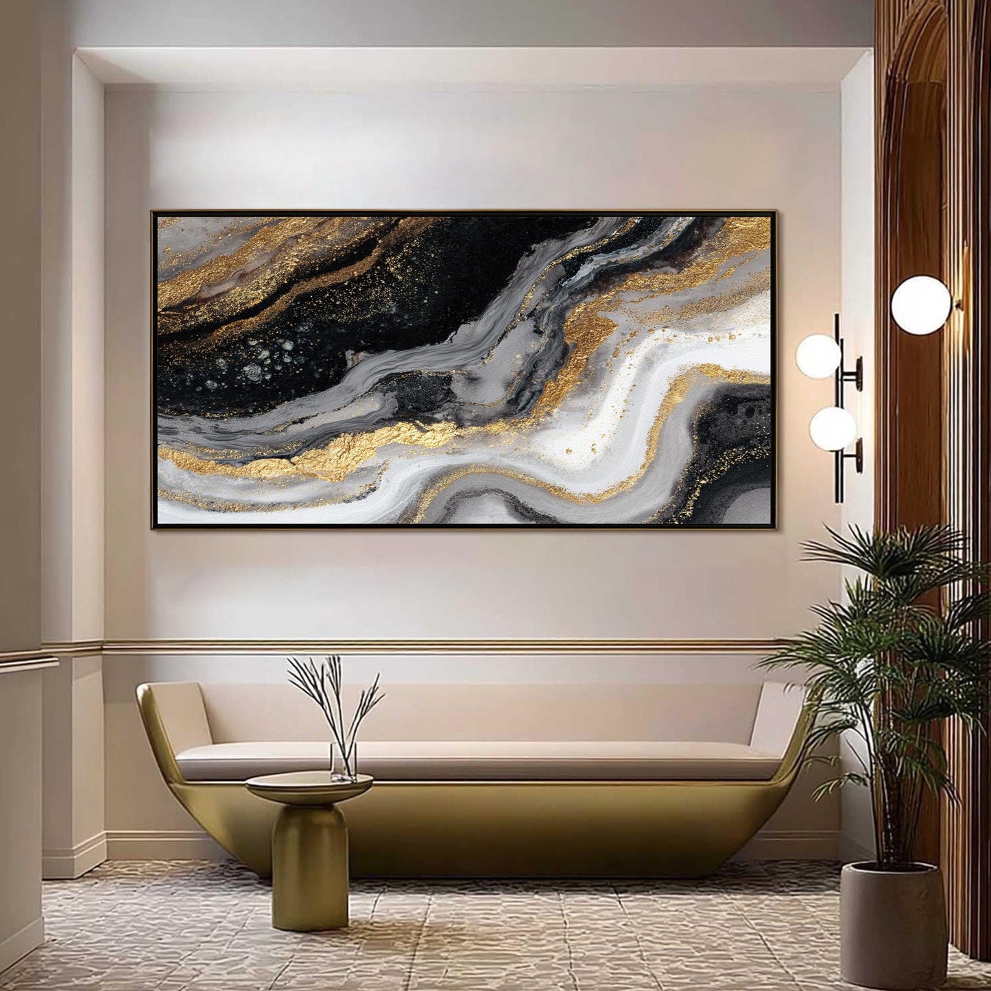 Textured Black Gold Abstract Oil Painting, Modern Fluid Art Canvas, Glam Wall Decor – Gold and Grey Fluid Abstract Wall Art |