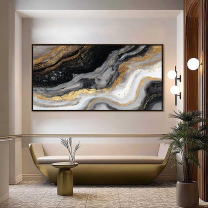 Textured Black Gold Abstract Oil Painting, Modern Fluid Art Canvas, Glam Wall Decor – Gold and Grey Fluid Abstract Wall Art |