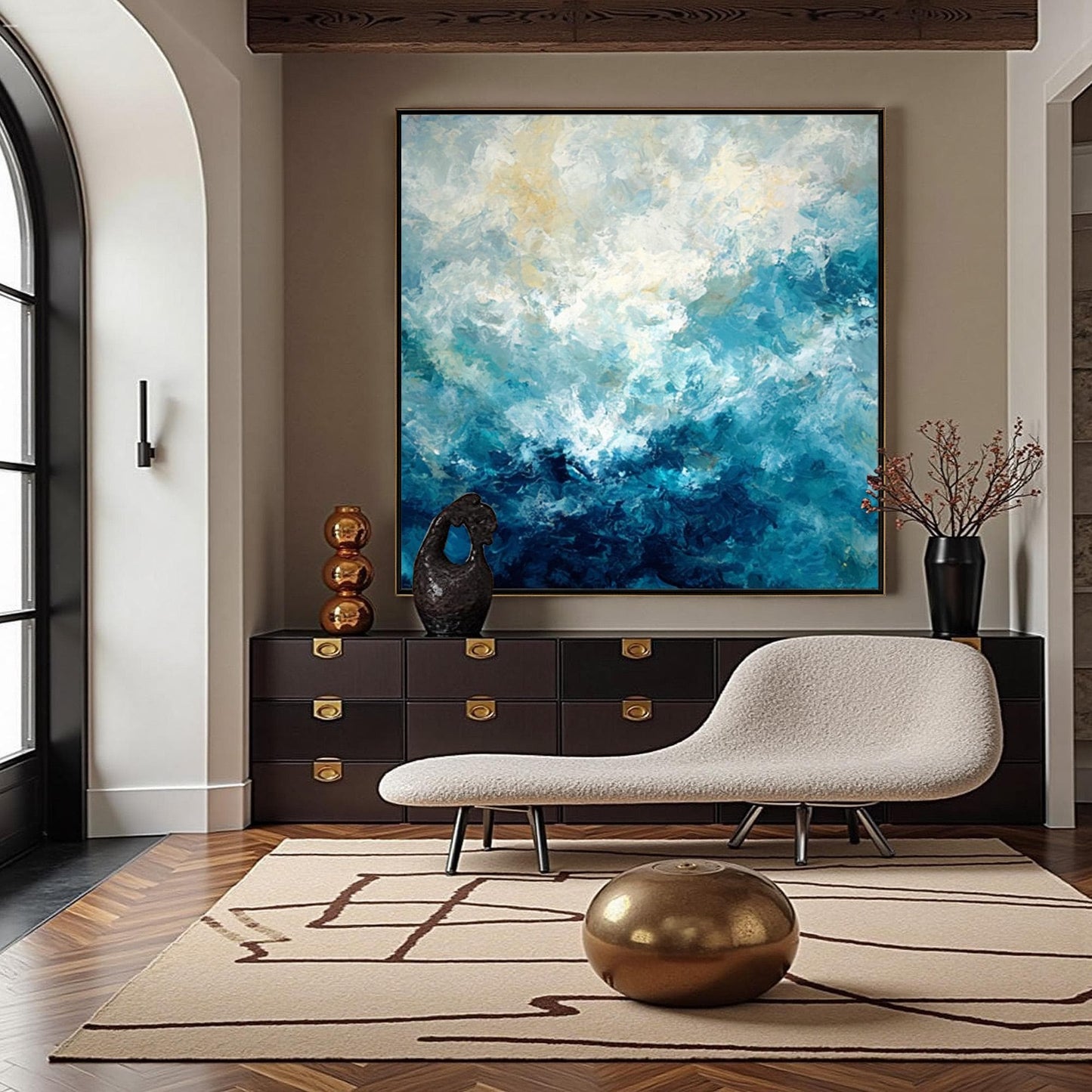 Navy and Gold Abstract Palette Knife Ocean Wall Art – Textured Abstract Ocean Oil Painting
