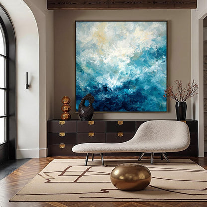 Navy and Gold Abstract Palette Knife Ocean Wall Art – Textured Abstract Ocean Oil Painting