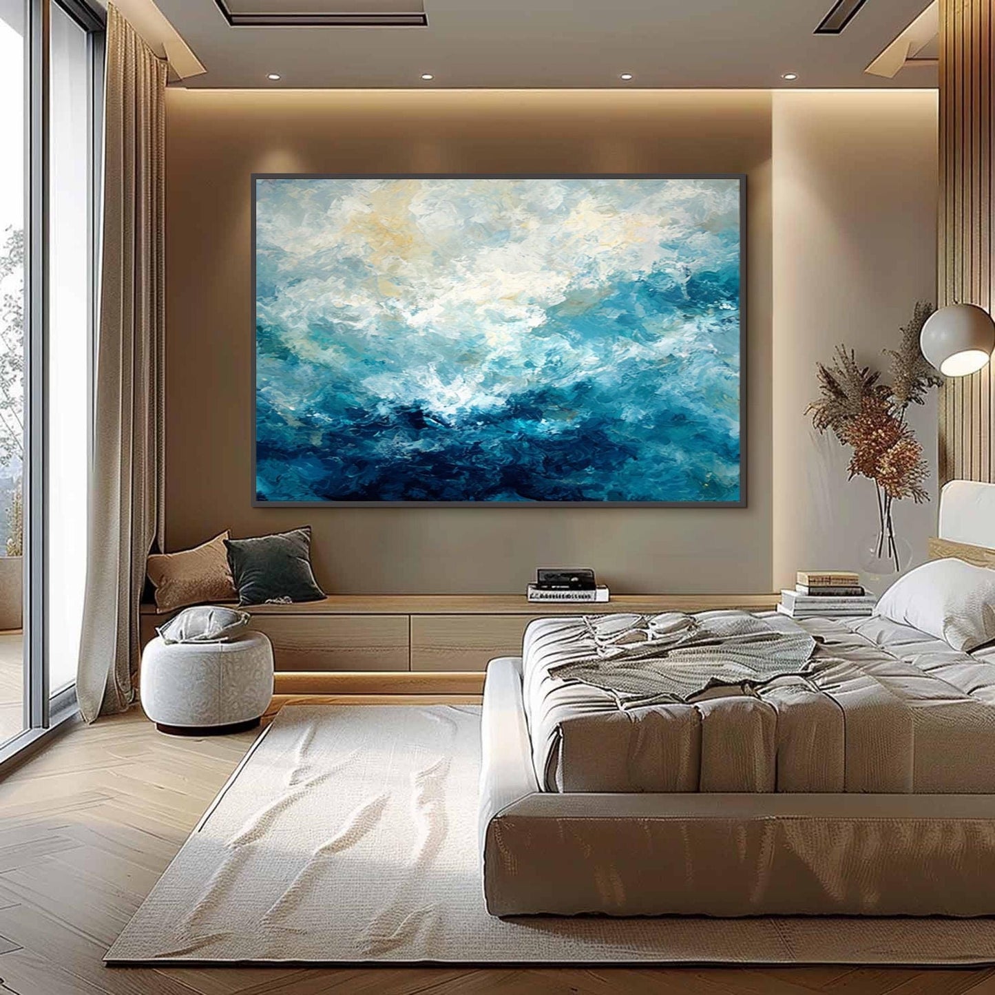 Navy and Gold Abstract Palette Knife Ocean Wall Art – Textured Abstract Ocean Oil Painting