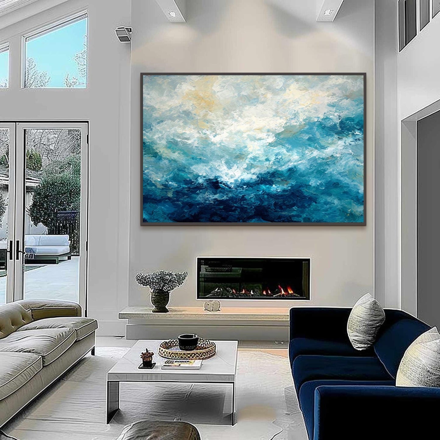 Textured Abstract Ocean Oil Painting, Modern Coastal Canvas Art – Navy and Gold Ocean Wall Art | Abstract Palette Knife Hand-
