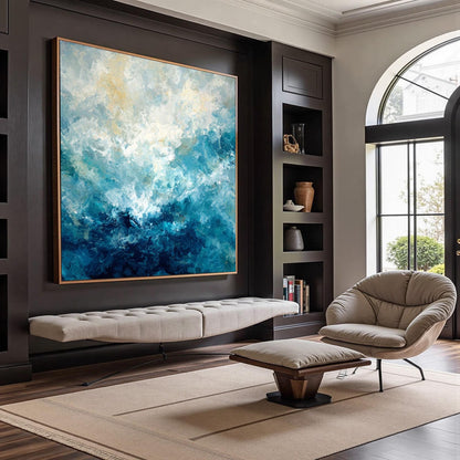Textured Abstract Ocean Oil Painting, Modern Coastal Canvas Art – Navy and Gold Ocean Wall Art | Abstract Palette Knife Hand-