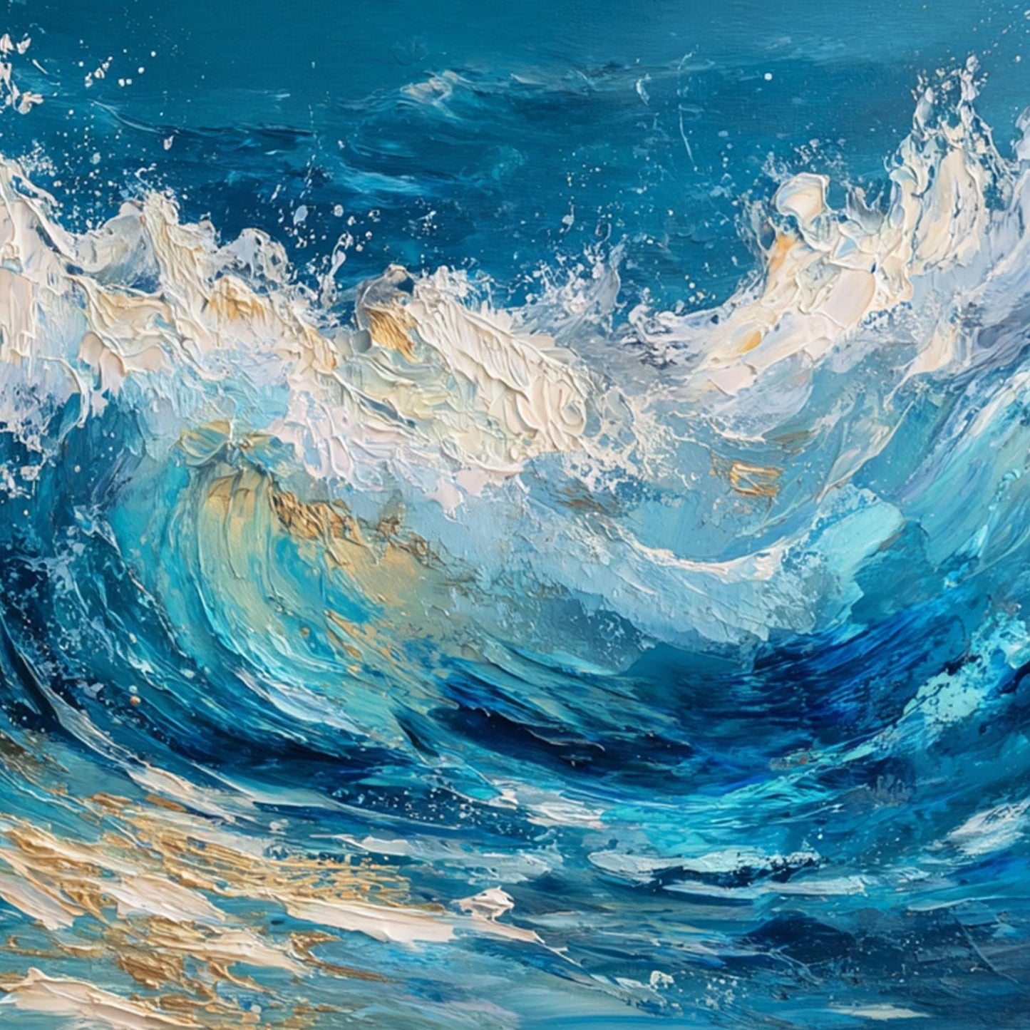 Gold and White Impasto Ocean Wave Seascape Wall Art – Textured Impasto Ocean Wave Painting