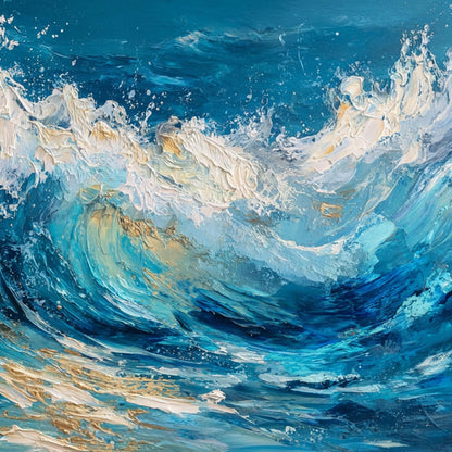Gold and White Impasto Ocean Wave Seascape Wall Art – Textured Impasto Ocean Wave Painting