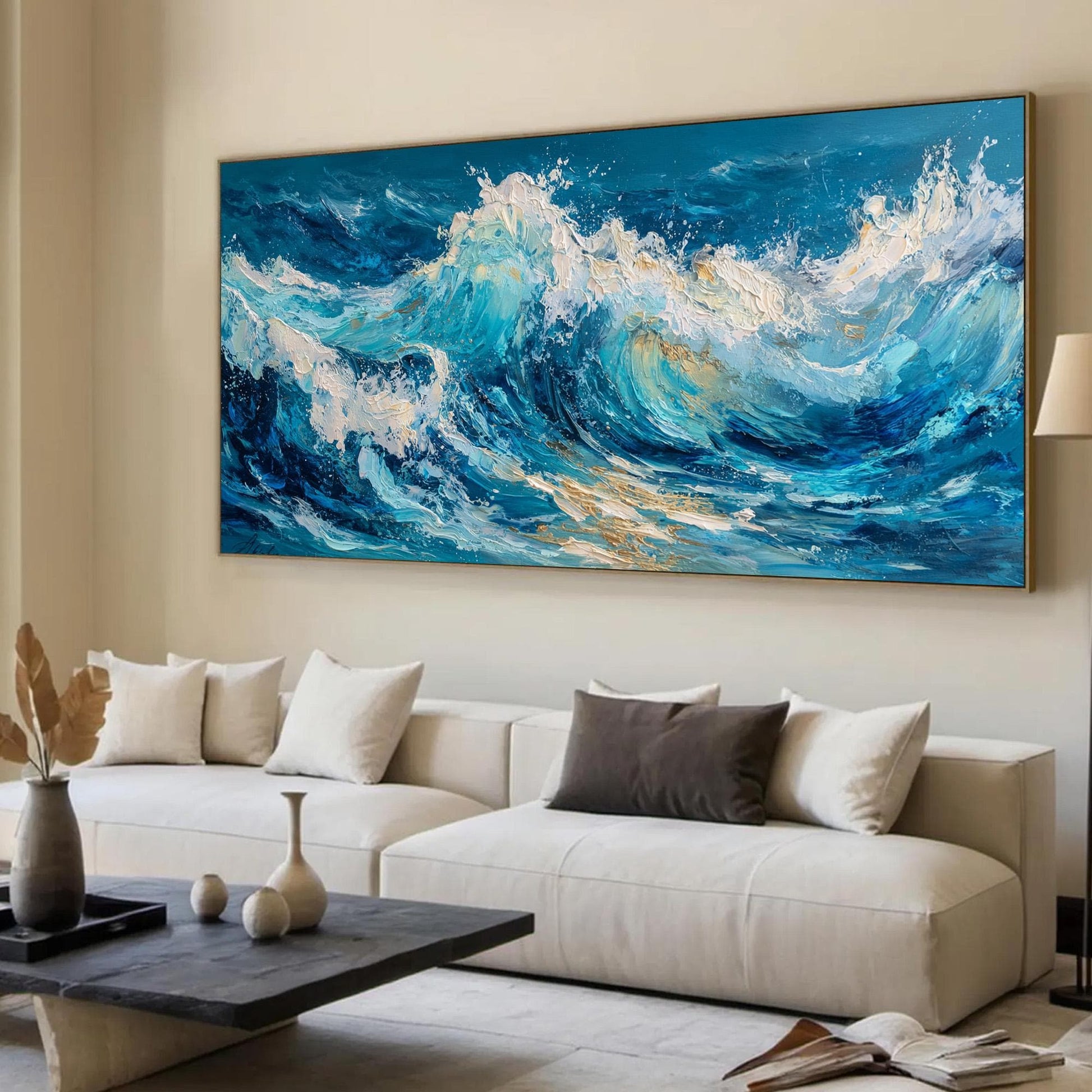 Textured Impasto Ocean Wave Painting, Original Seascape Canvas Art, Coastal Wall Decor – Gold and White Ocean Wave Seascape W