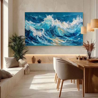 Textured Impasto Ocean Wave Painting, Original Seascape Canvas Art, Coastal Wall Decor – Gold and White Ocean Wave Seascape W