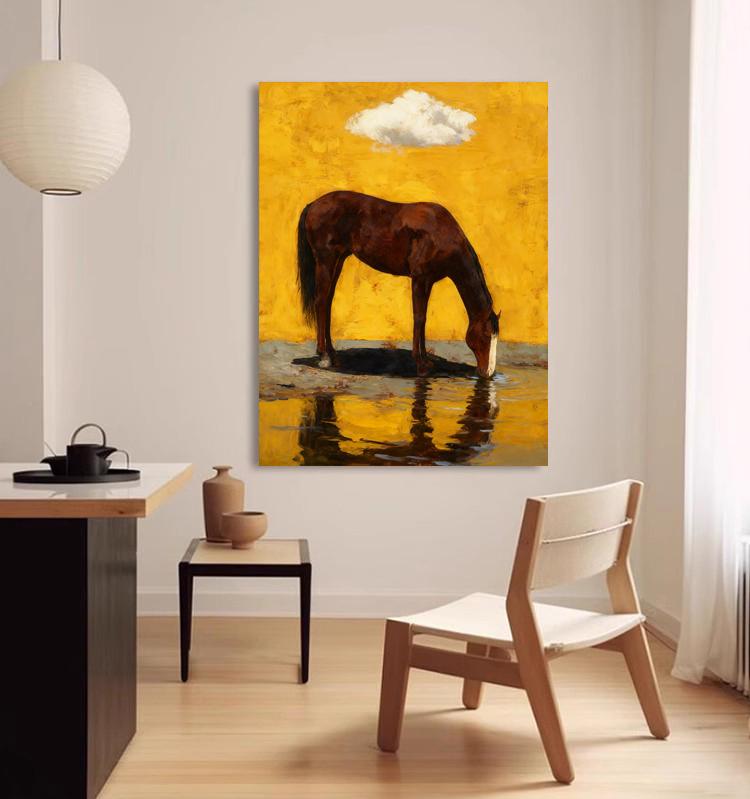 Impressionist Horse Oil Painting on Canvas, Original Chestnut Horse at Water's Edge Canvas Wall Art, Modern Animal Wall Art for Living Room